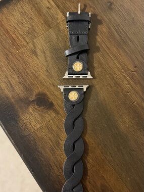 Tory Burch Black Braided Leather Apple Watch Strap with Gold Logo Accents
